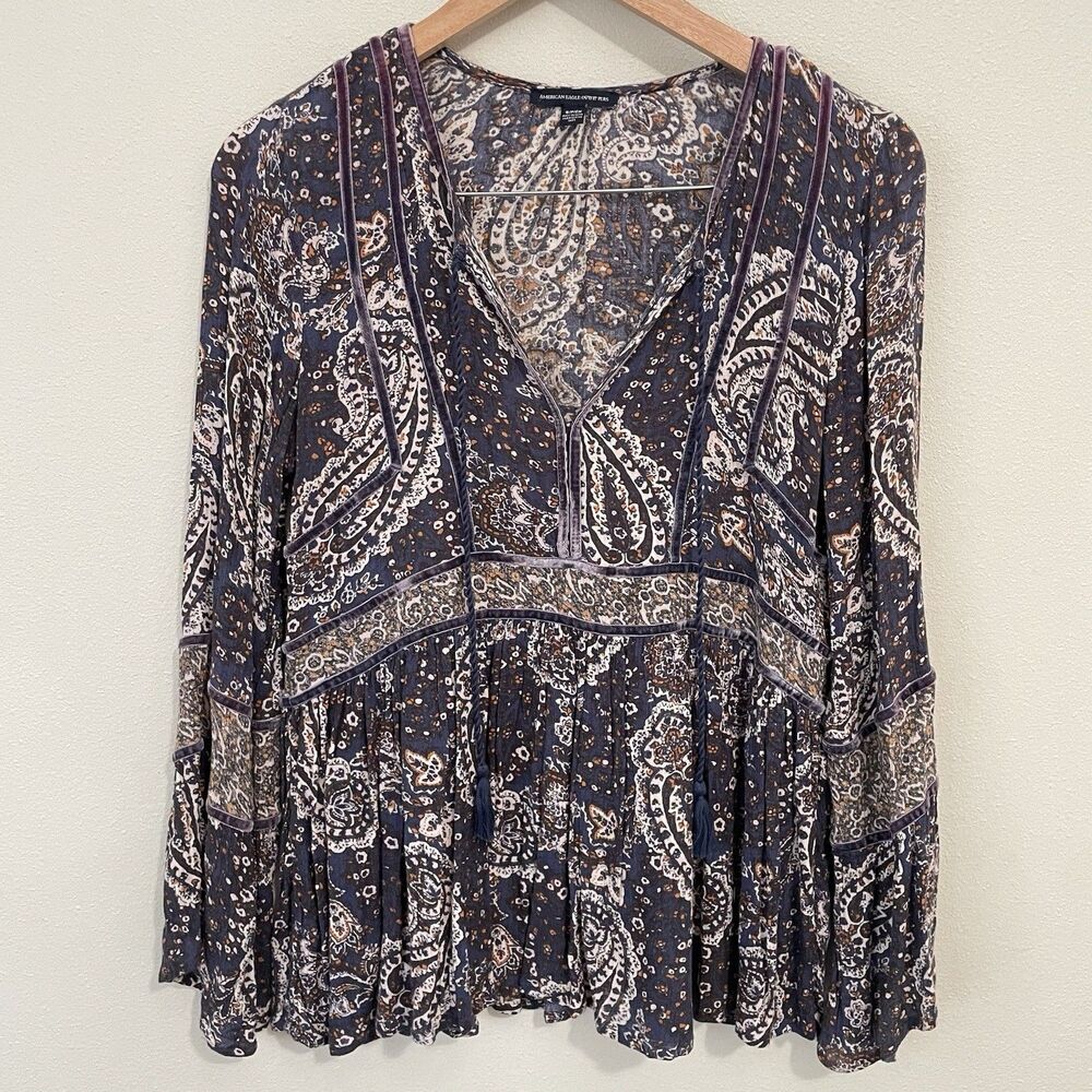 American Eagle Y2K Boho Hippie Top Sz S Peasant Babydoll Blouse Velvet Trim